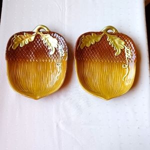 PUMPKIN SHAPE PLATE WITH GOLDEN LEAF -Set of 2- golden orange/brown color